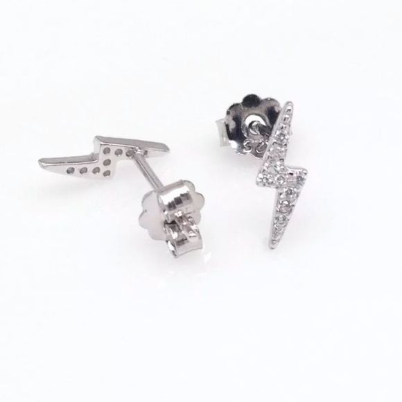 925 Sterling Silver Lightning Bolt Stud Earrings - Picture 3 of 9